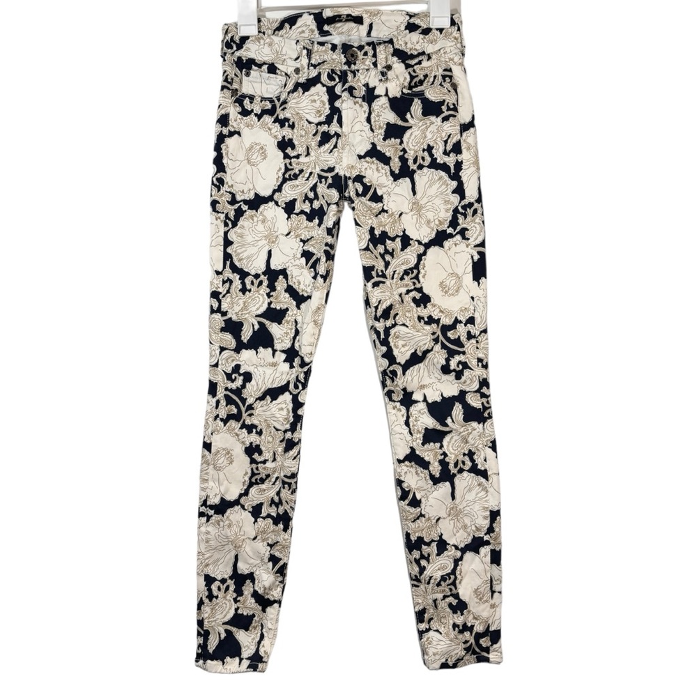 7FAM Navy Blue Floral print Cotton Blend Skinny Denim Jeans Womens size 25
